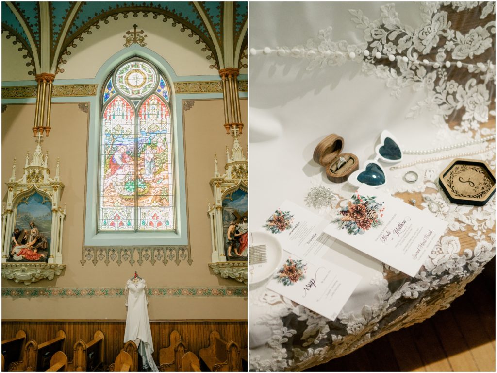 wedding gown hanging inside catholic church, wedding details, flat lay