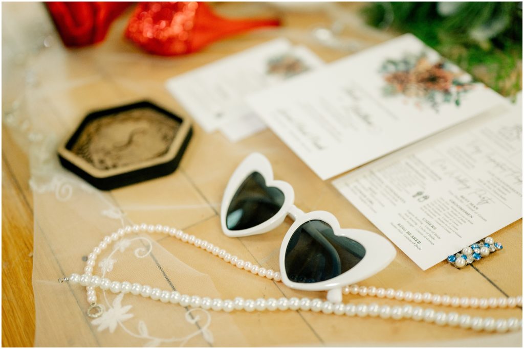 wedding details, heart shaped sunglasses,