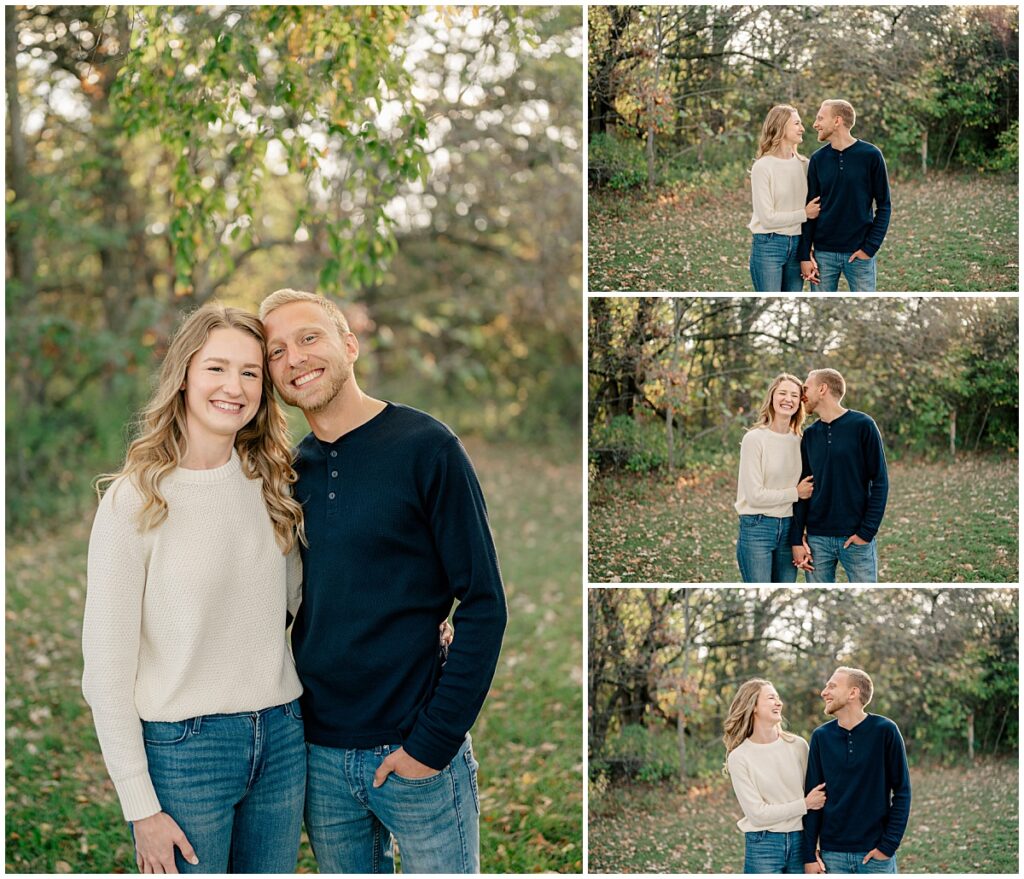 couple looks at each other smiling at My Favorite Central Minnesota Engagement Session Locations