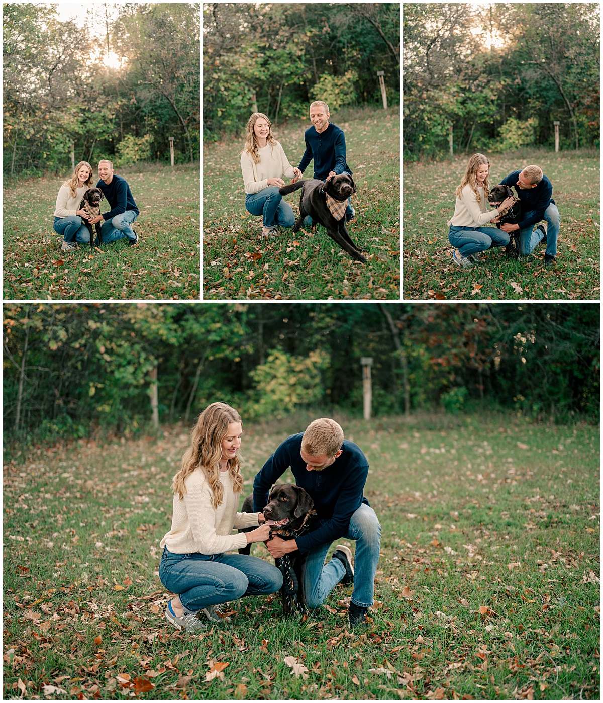 man and woman hug their pup wearing a bandana during Fall Engagement at Mississippi River