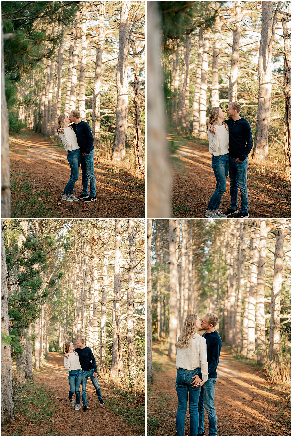 man and woman playfully walk down path during Fall Engagement at Mississippi River