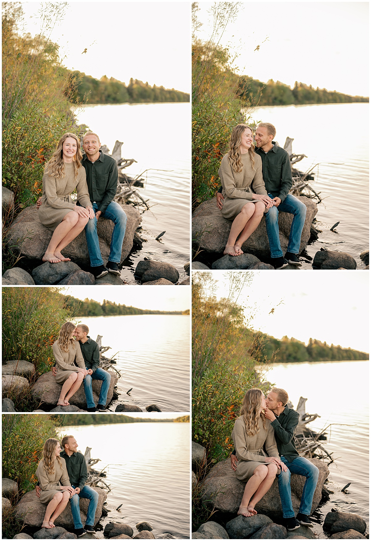 man and woman sit on rock together near lake at Fall Engagement at Mississippi River