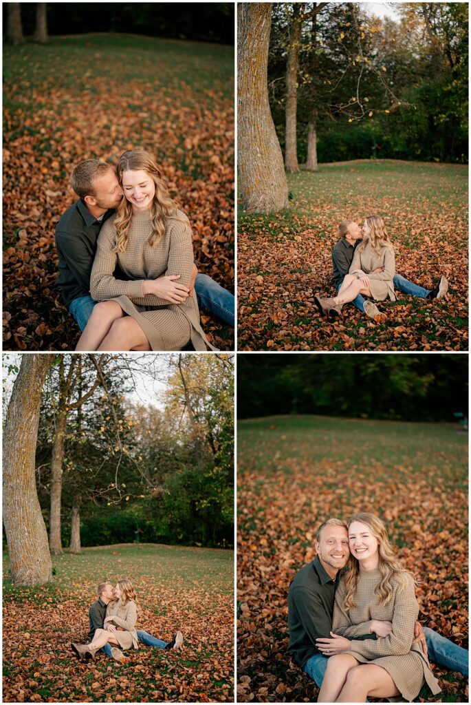 engaged couple sits together in fallen leaves by Rule Creative Co