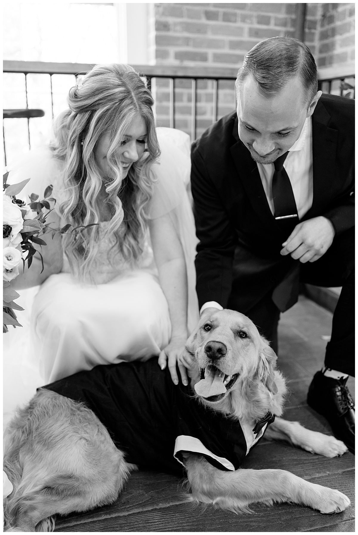 bride and groom pet their pup by Minnesota wedding photographer