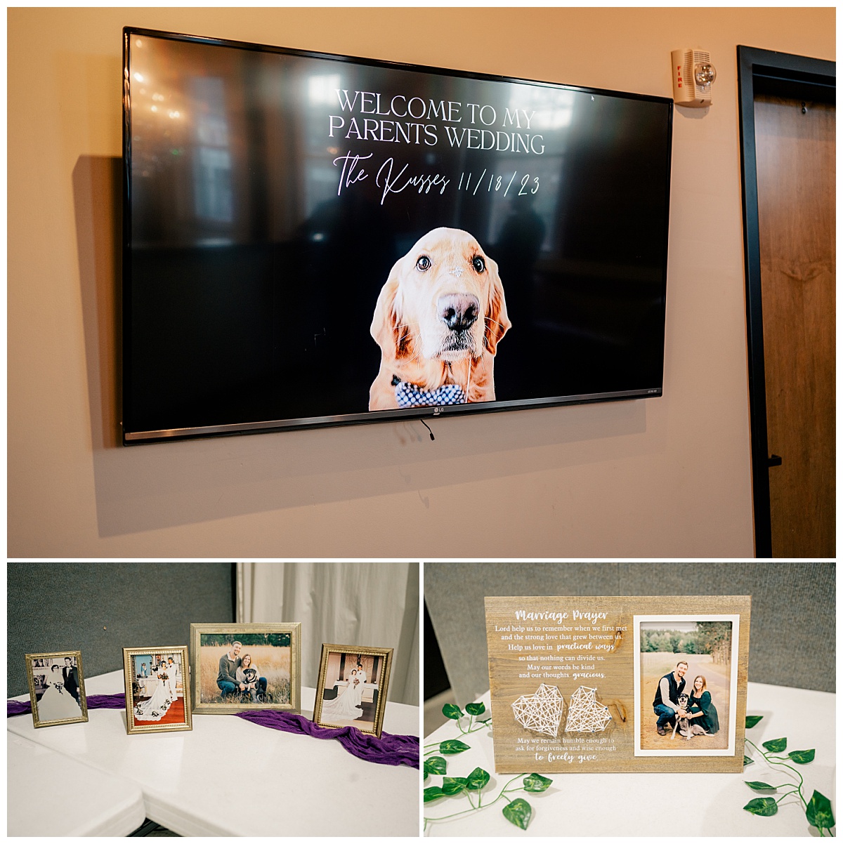 How to Incorporate Your Dog Into Your Wedding Photos is a sign on the wall and picture frames on a table