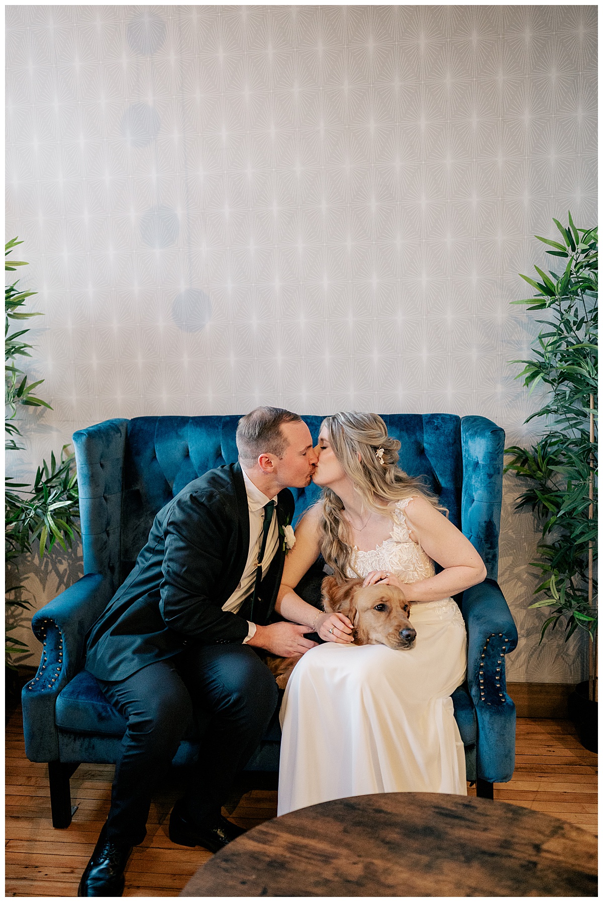 pup sits on owners lap to learn How to Incorporate Your Dog Into Your Wedding Photos