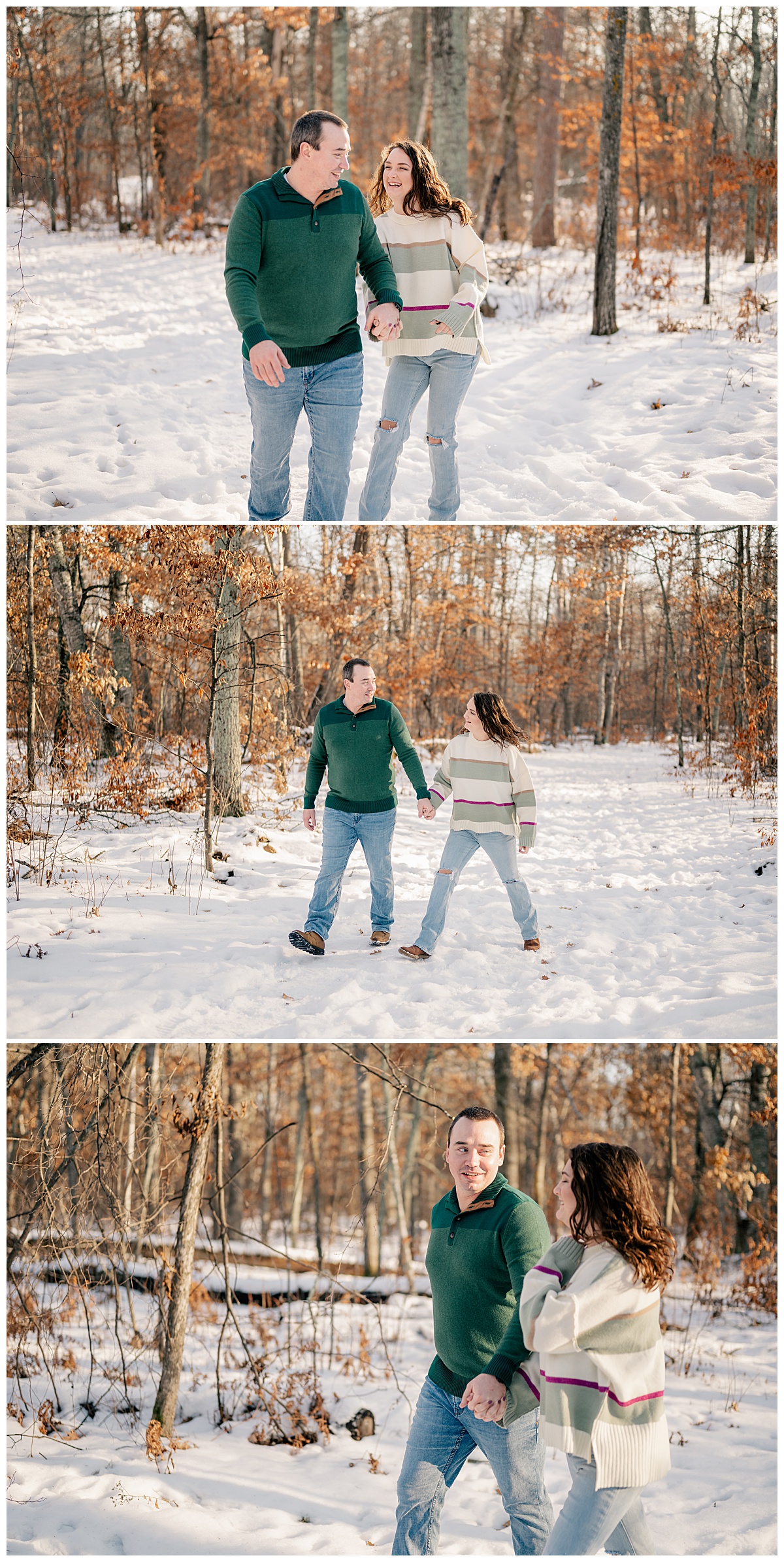 couple holds hands walking through snow by Minnesota wedding photographer