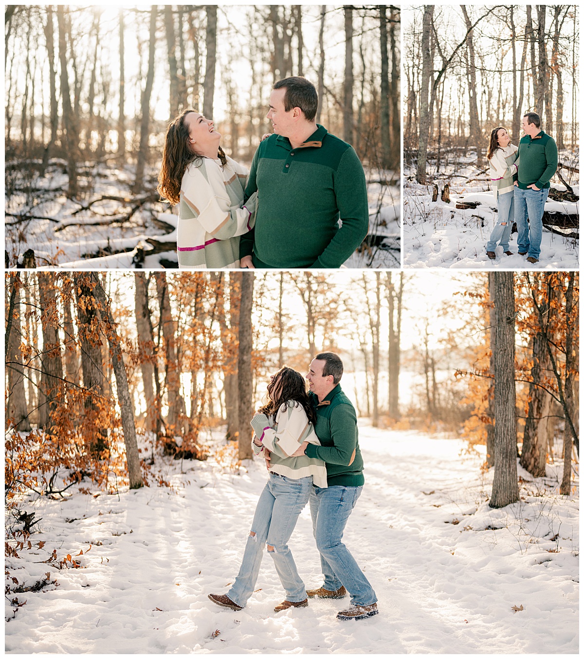 couple laughs together as sun shines from behind by Minnesota wedding photographer
