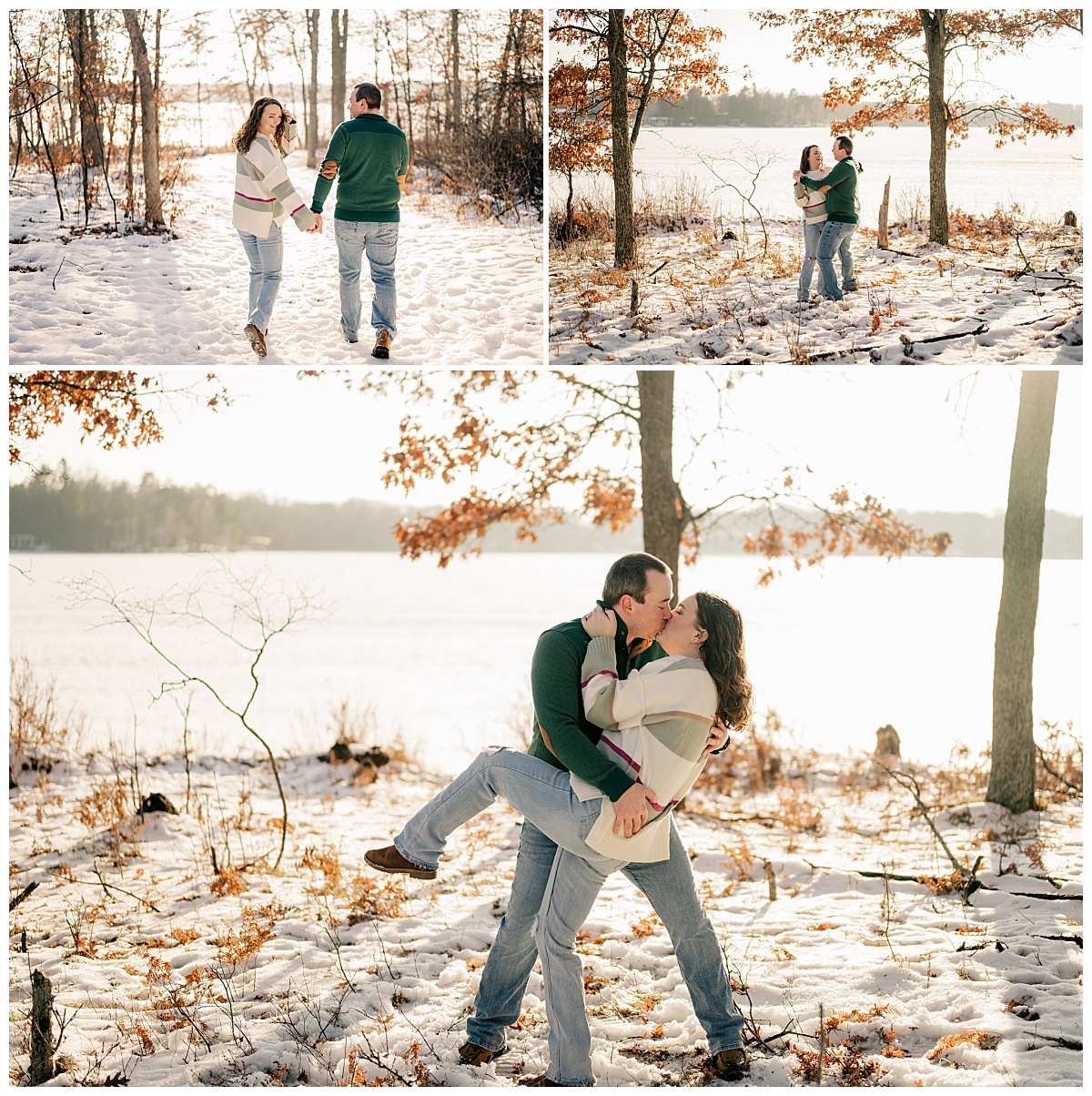 man dips his fiance to kiss her in front of a lake by Rule Creative Co