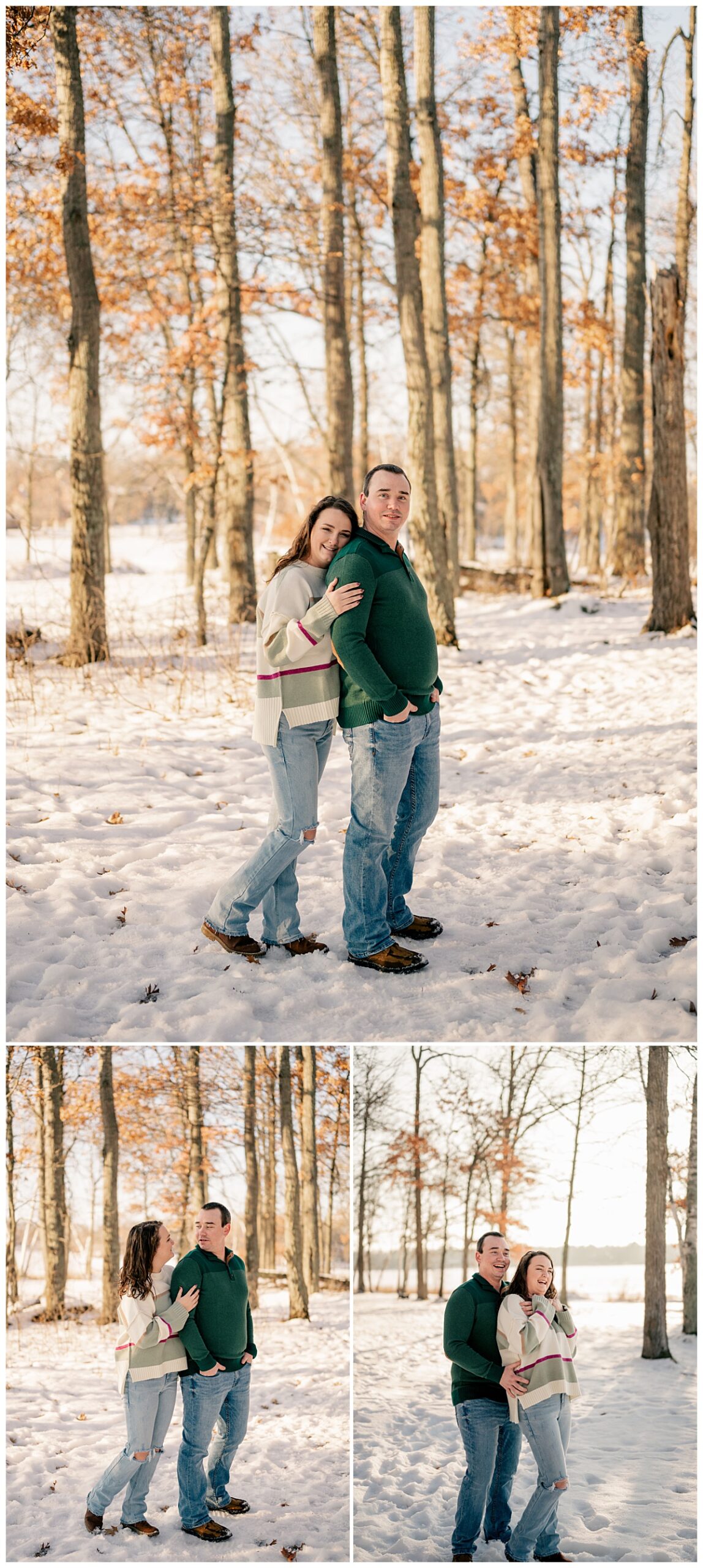 woman leans against man's back and they smile during Crosslake Nature Trail Winter Engagement 