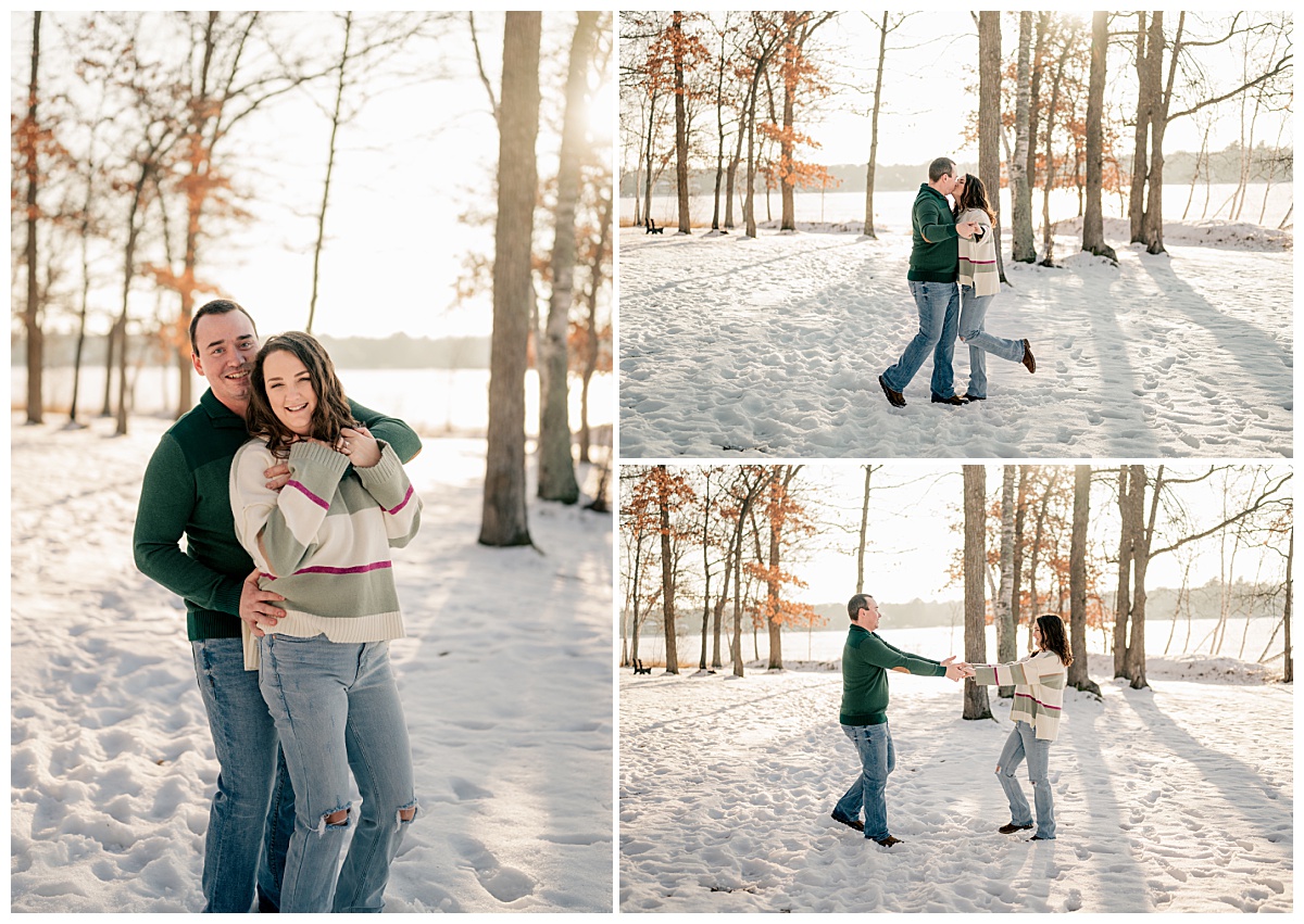 couple kisses while holding hands out and kicking up leg by Minnesota wedding photographer