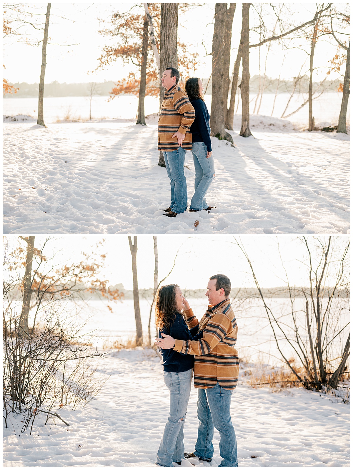 couple stands back to back in snow by Minnesota wedding photographer