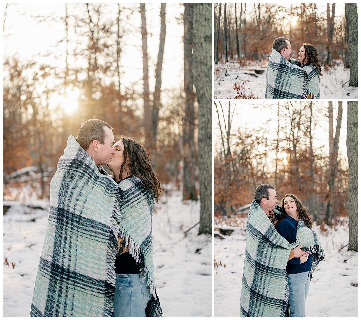 man and woman wrap blanket around themselves and kiss during Crosslake Nature Trail Winter Engagement 