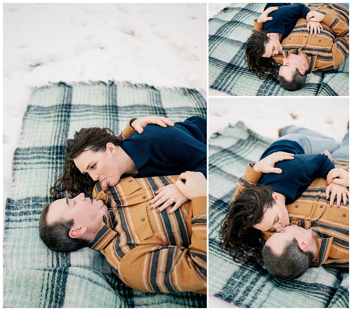 man and woman lay on blanket on the snow and kiss by Crosslake Nature Trail Winter Engagement 