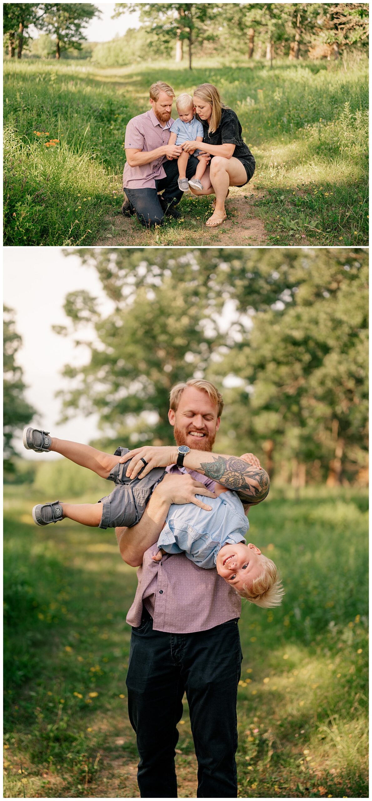 dad swings son upside down by Minnesota photographer