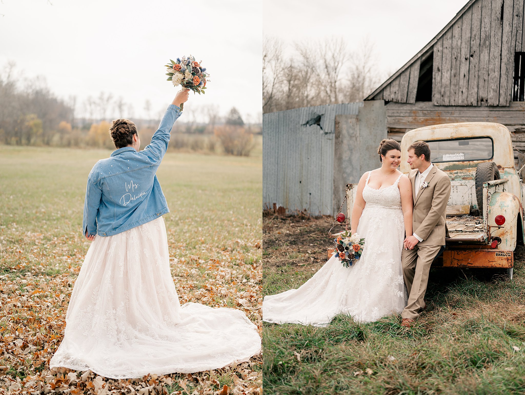 bride holds up bouquet in air as she wears jacked with her new last name by Rule Creative Co 
