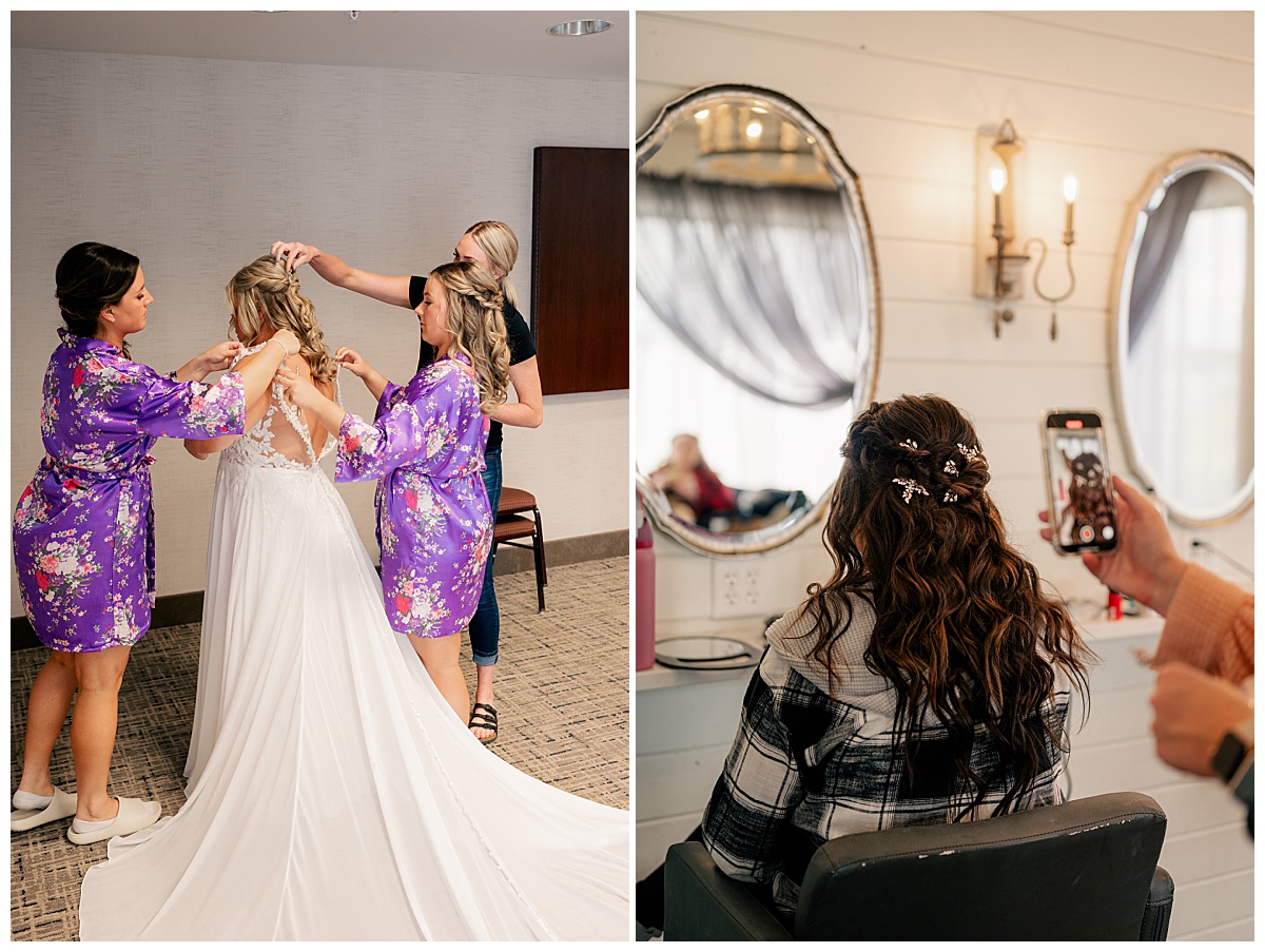 bridal party adjusts bride's hair and dress by Minnesota wedding photographer