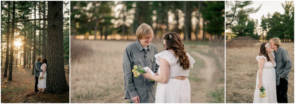 man and woman after elopement smiling and standing in the prairie of a local park in Minnesota