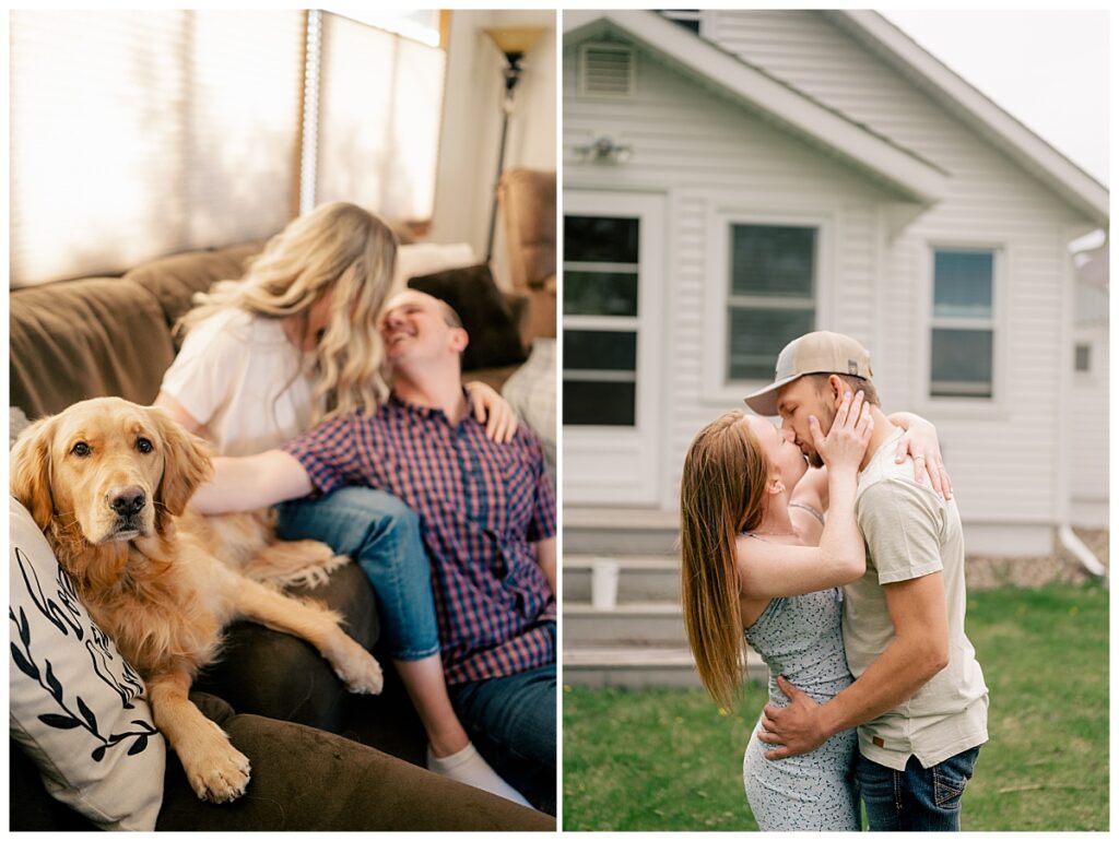 a couple snuggles up on the couch with their pup by Minnesota wedding photographer
