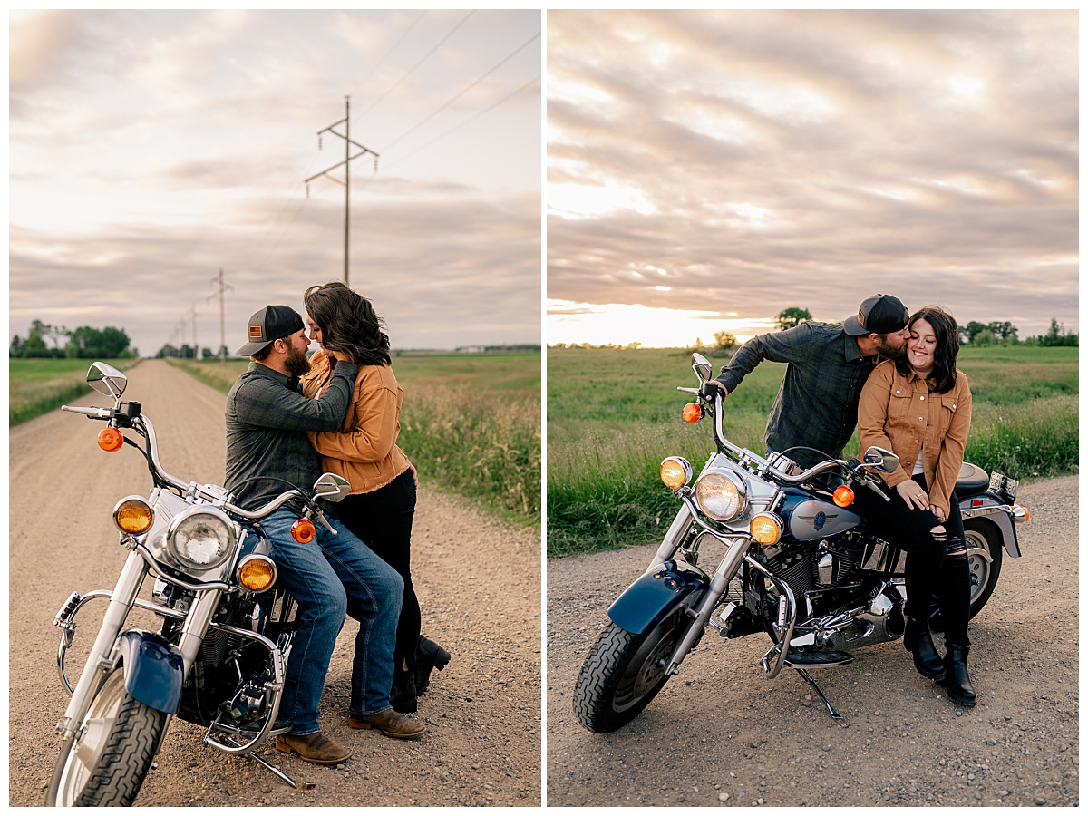 man kisses woman on motorcycle by Minnesota wedding photographer