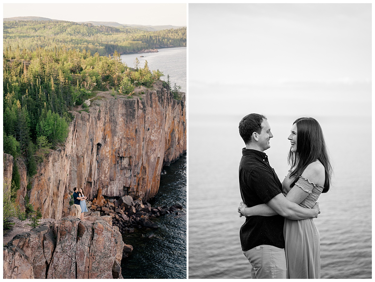 couple smiles as they wrap their arms around each other by Minnesota wedding photographer