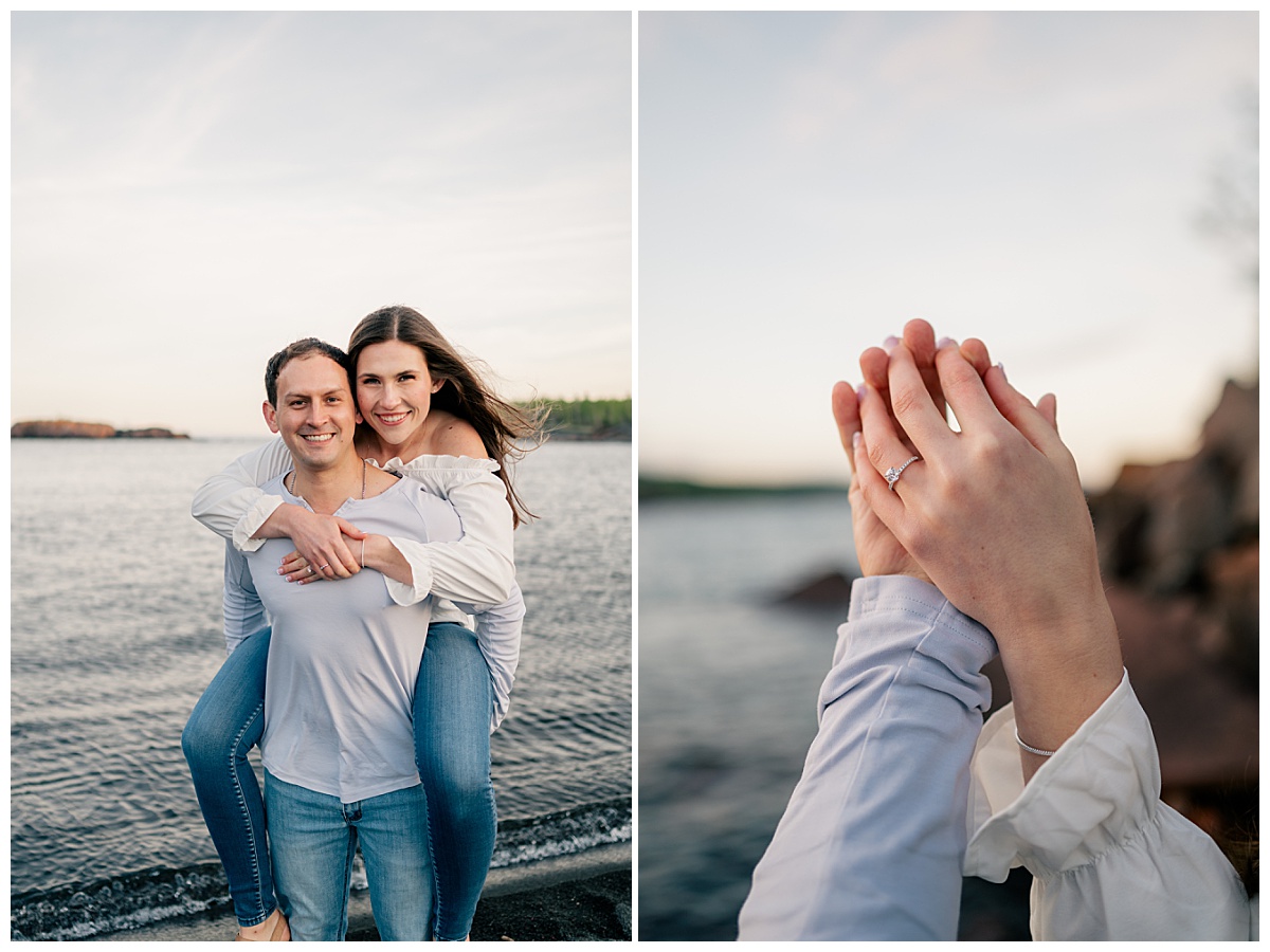 man carries woman on his back as they smile by Minnesota wedding photographer