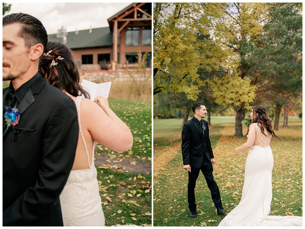 couple stands back to back before their first look 