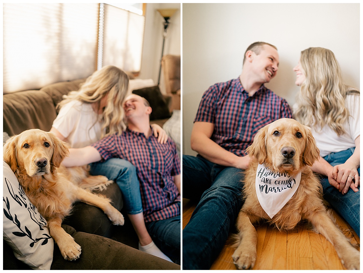 engaged couple sits with dog by Rule Creative Co