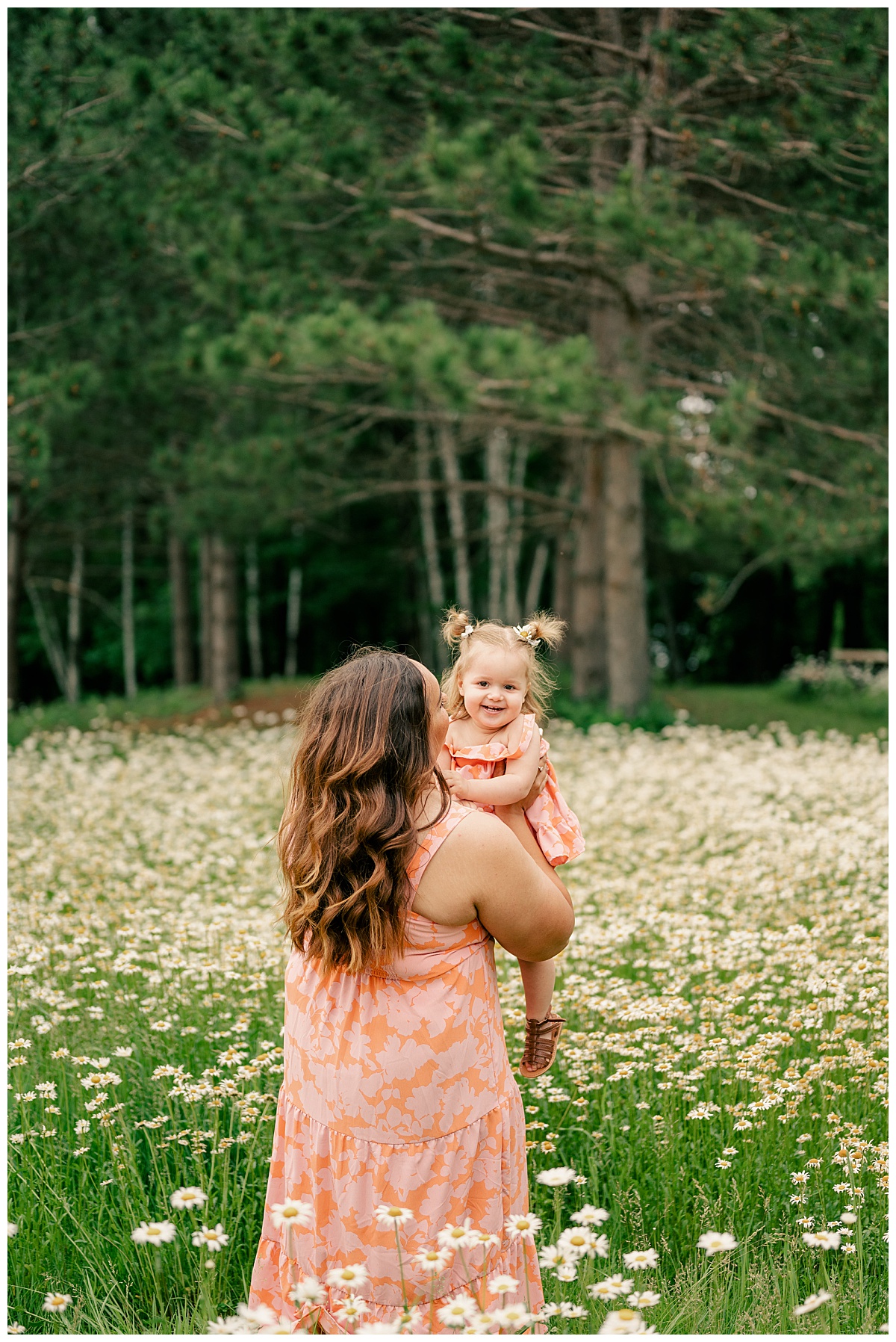 mother holds up toddler in field of flowers during professional photos
