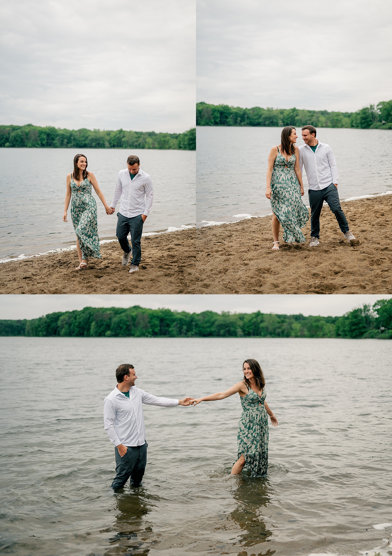 couple walking along the sand for rainy lakeside engagement session