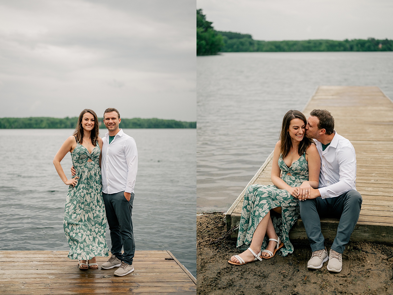 woman in green dress and man in white button up sit on dock for rainy lakeside engagement shoot