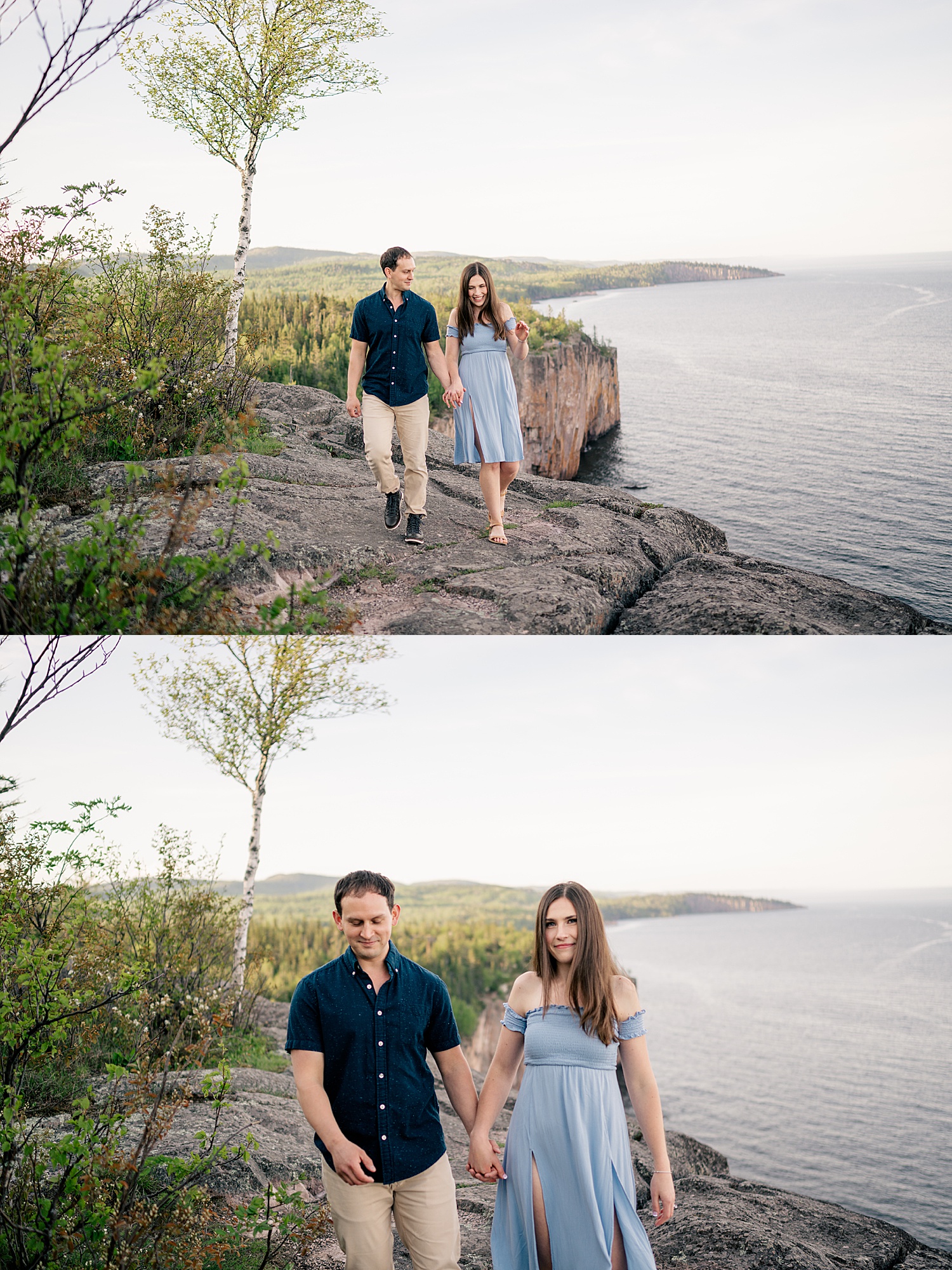 woman in blue dress leads man on natural rock by Minnesota wedding photographer