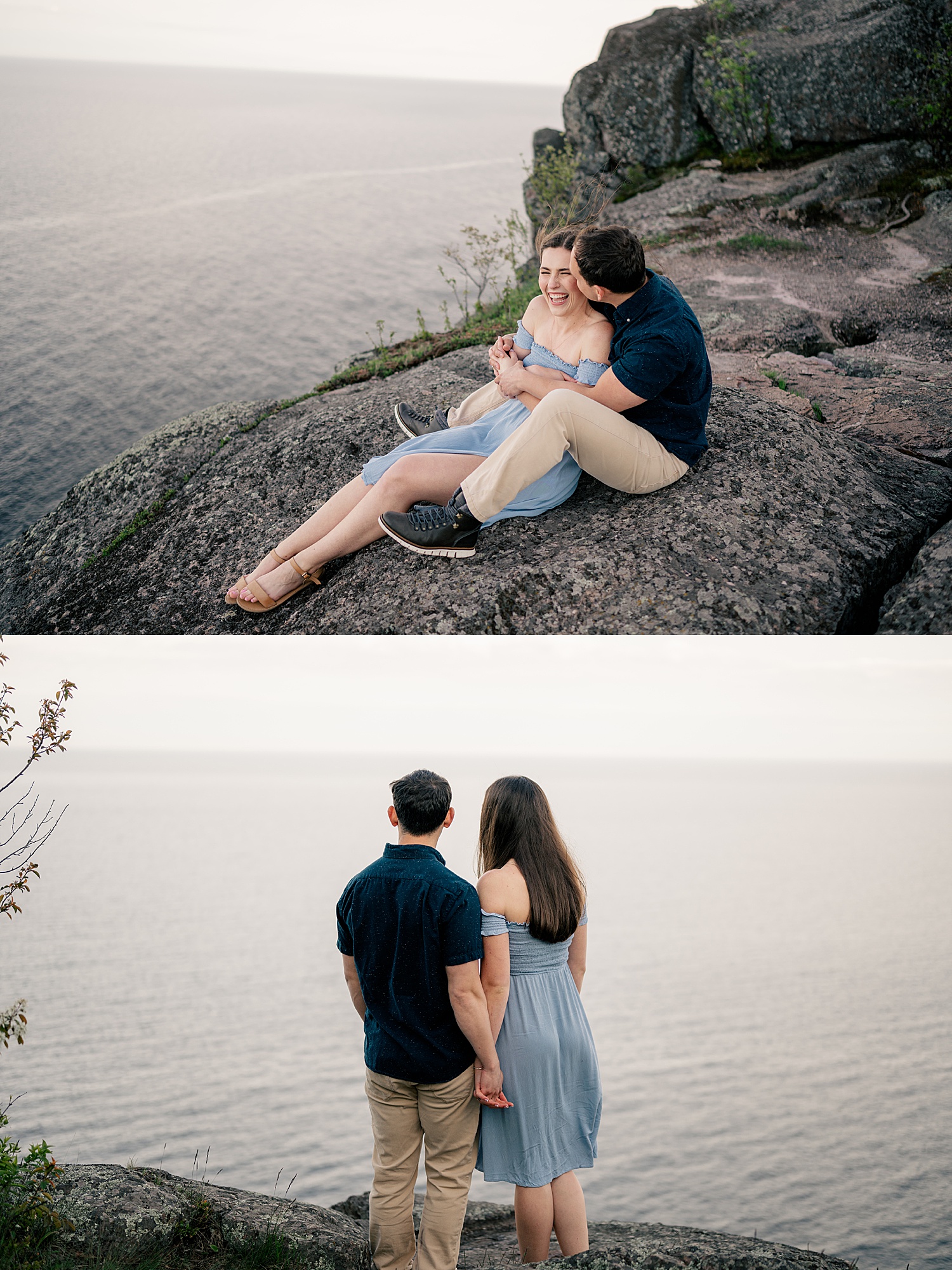 Woman laughs as man snuggles her on cliffside during golden hour at North Shores