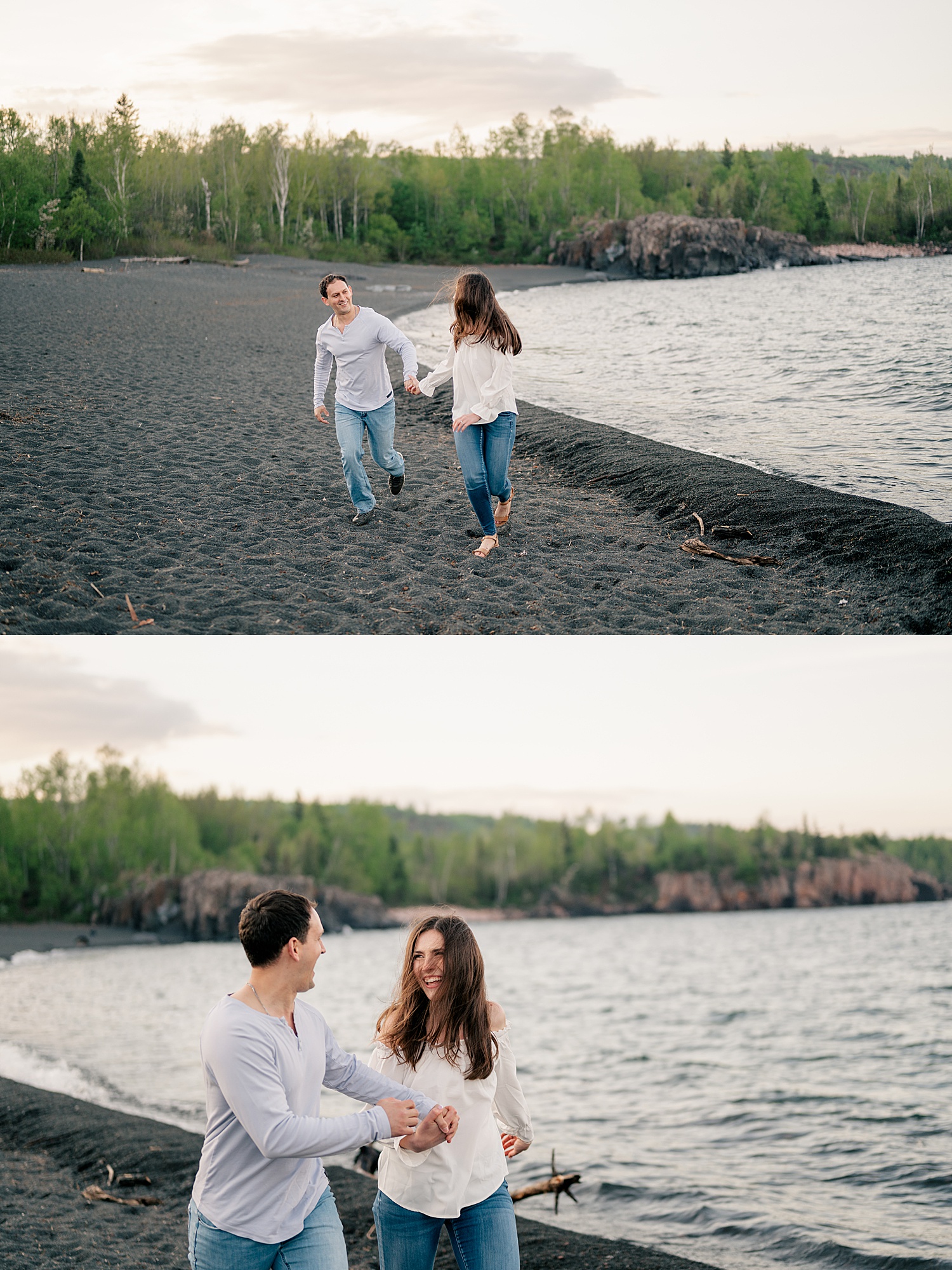 man and woman run along black sand on beach by Rule Creative Co