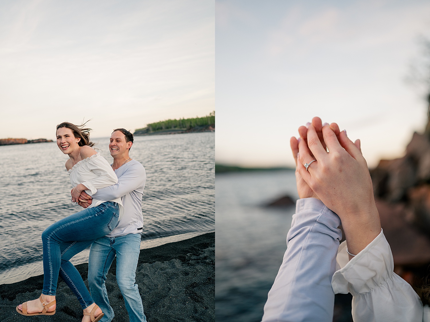 couple holds up hands to show off diamond ring by Minnesota wedding photographer