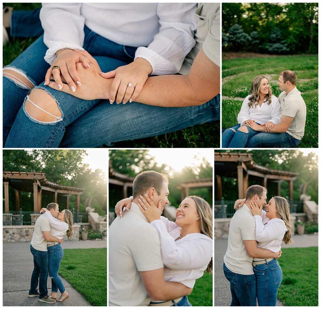 fiances kiss near gazebo at Plymouth Community Center 