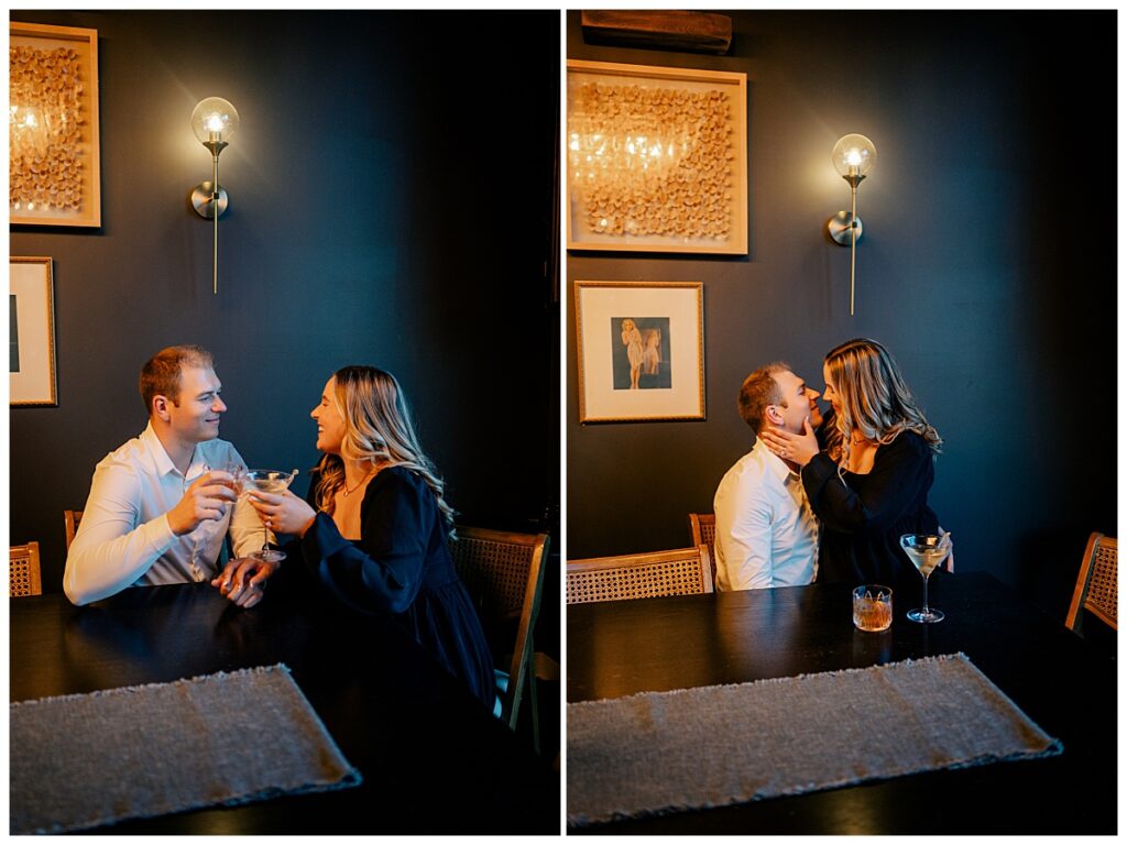 engaged couple shares a drink together by Minnesota wedding photographer