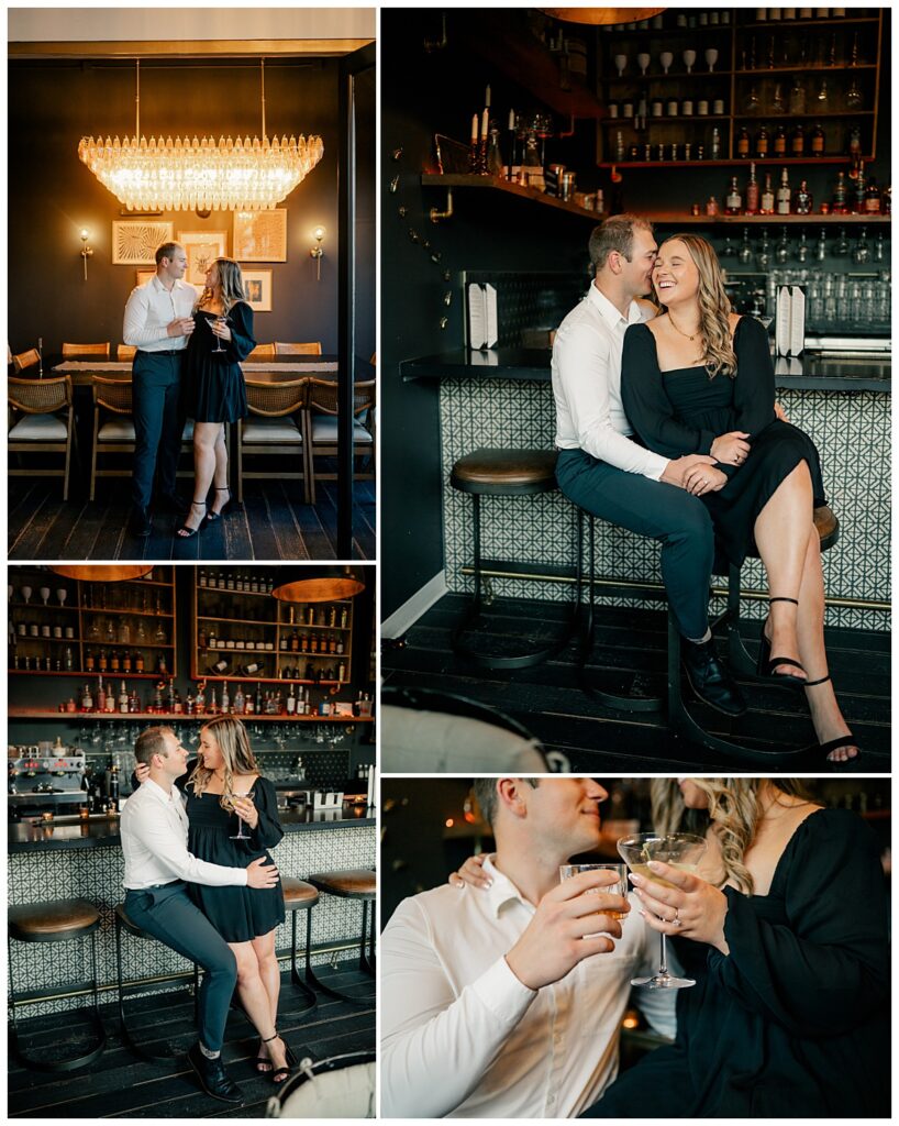 couple shares a drink at the bar after engagement session at Plymouth Community Center 