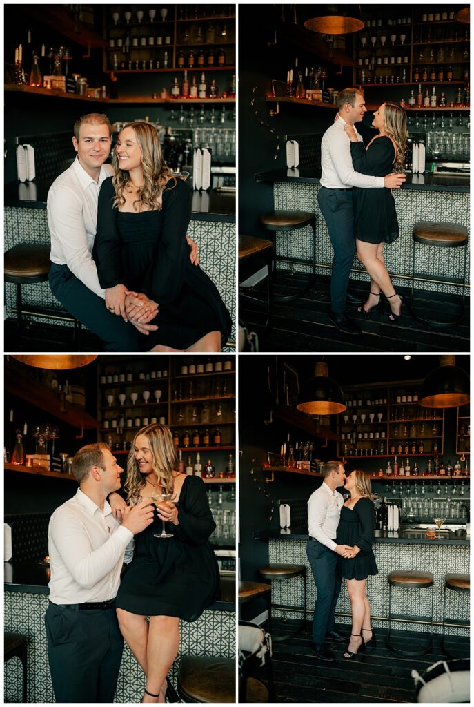 engaged couple leans in close for a kiss at a bar by Minnesota wedding photographer