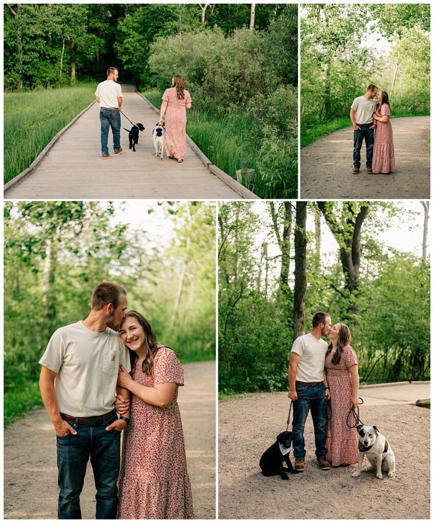 couple kisses while their dogs sit by them at Quarry Park engagement session 