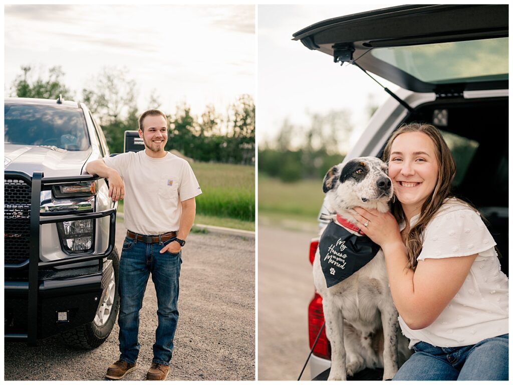 woman smiles with dog wearing bandana during Quarry Park engagement session 