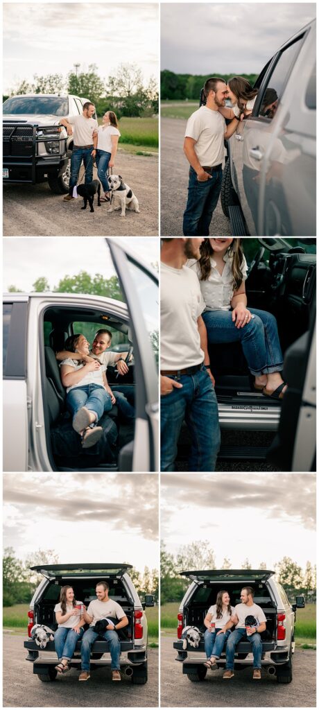 woman leans out of truck window to kiss by Minnesota wedding photographer