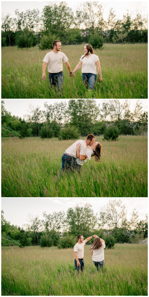 man dips woman to kiss her in the prairie during Quarry Park engagement session 