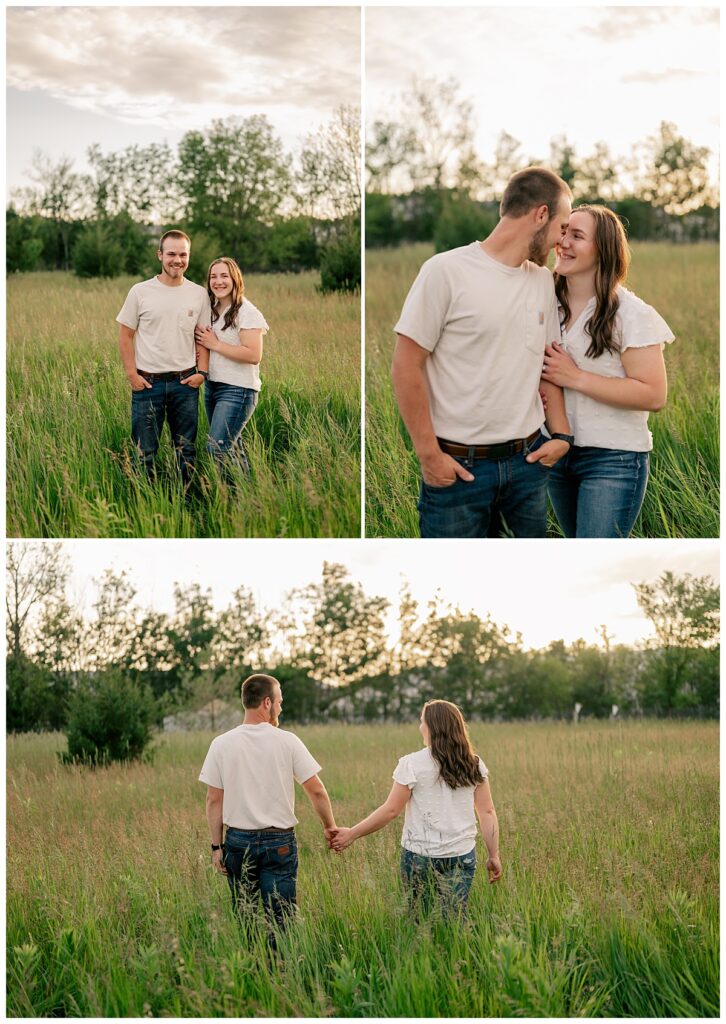 couple walks through grass hand in hand by Minnesota wedding photographer