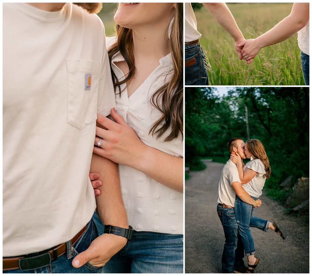 woman kicks up leg as fiance lifts her to kiss by Rule Creative Co