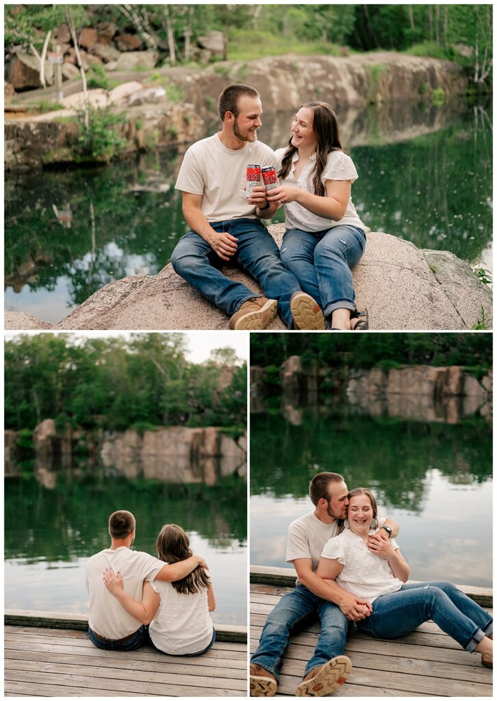 couple sips rootbeer on rock during Quarry Park engagement session 