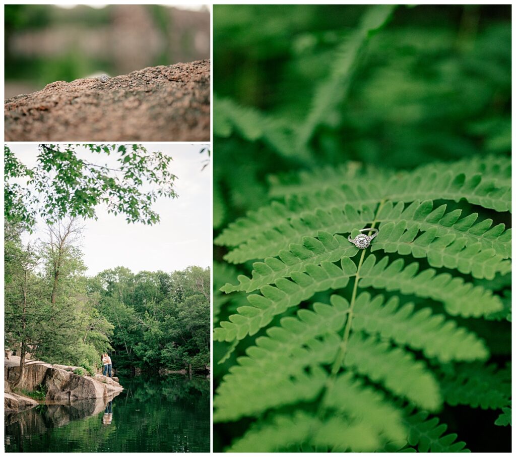 engagement ring sits on rock and fern by Minnesota wedding photographer