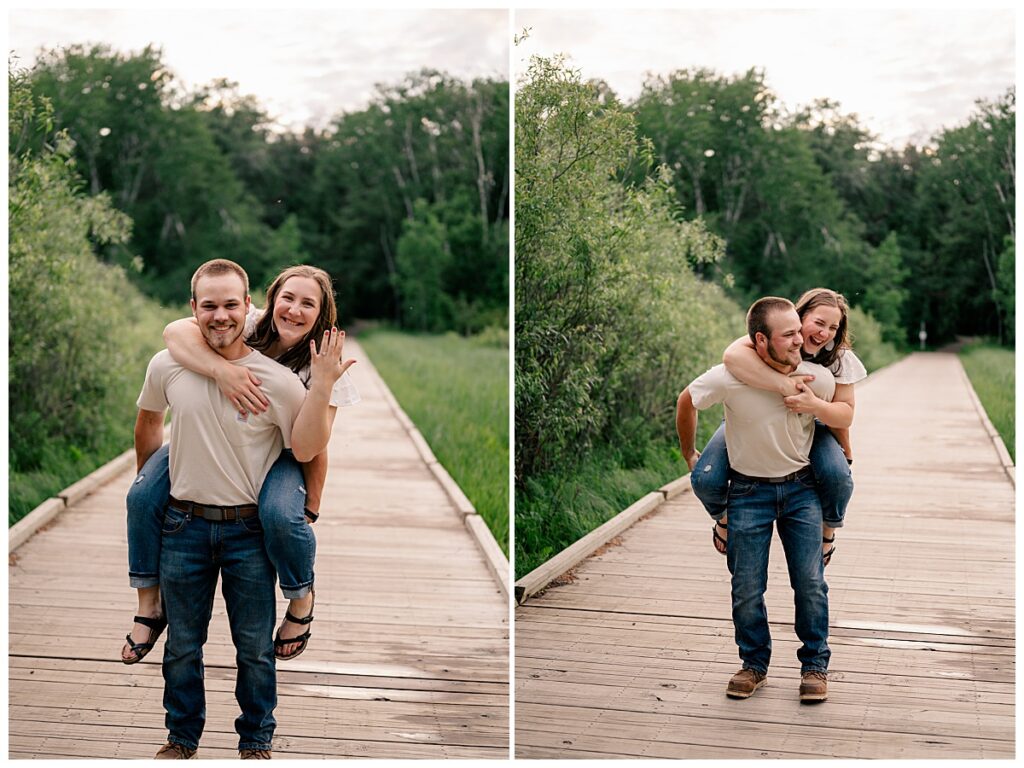 woman shows off ring as she rides on man's back during Quarry Park engagement session 