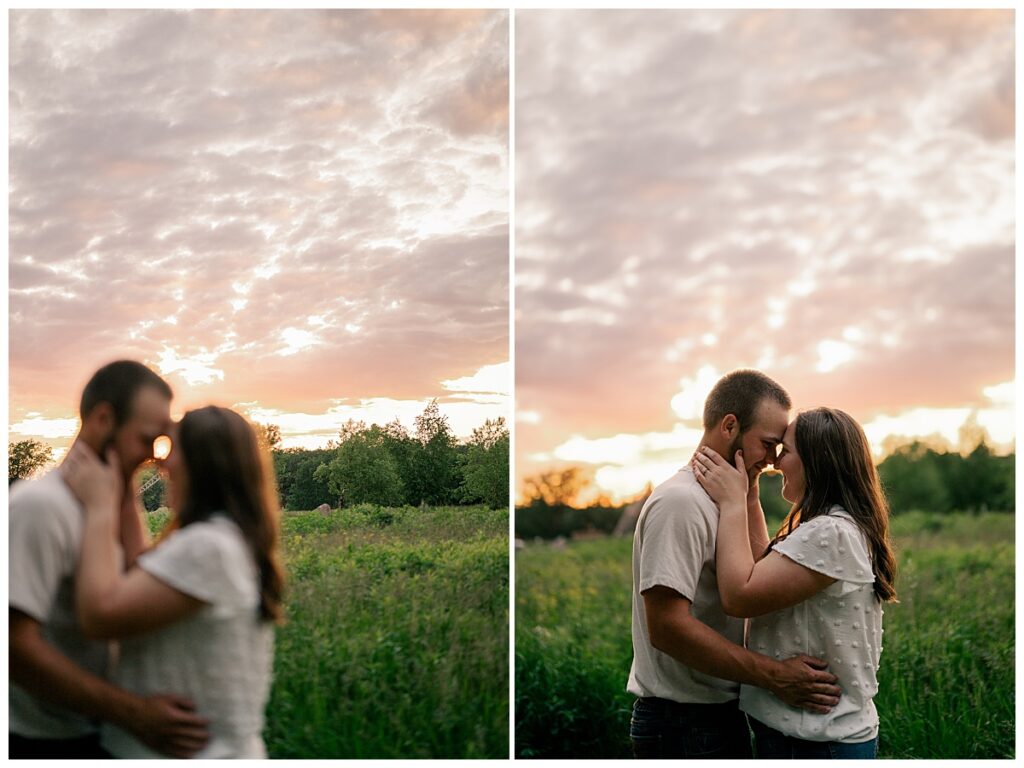 engaged couple touches foreheads as sun sets behind them by Rule Creative Co