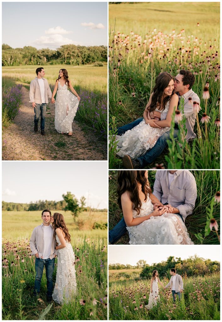 man and woman sit in field of wild flowers by Minnesota wedding photographer